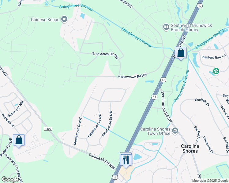 map of restaurants, bars, coffee shops, grocery stores, and more near 244 Ocean Forest Drive Northwest in Calabash