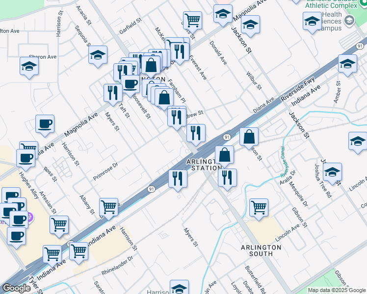 map of restaurants, bars, coffee shops, grocery stores, and more near 3512 Van Buren Boulevard in Riverside