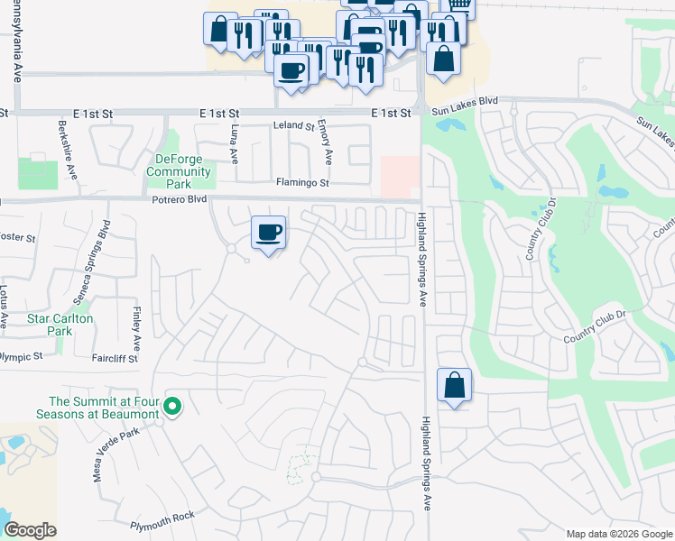 map of restaurants, bars, coffee shops, grocery stores, and more near 159 Brush Creek in Beaumont