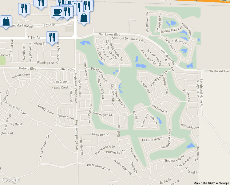 map of restaurants, bars, coffee shops, grocery stores, and more near 1125 Laguna Seca Court in Banning