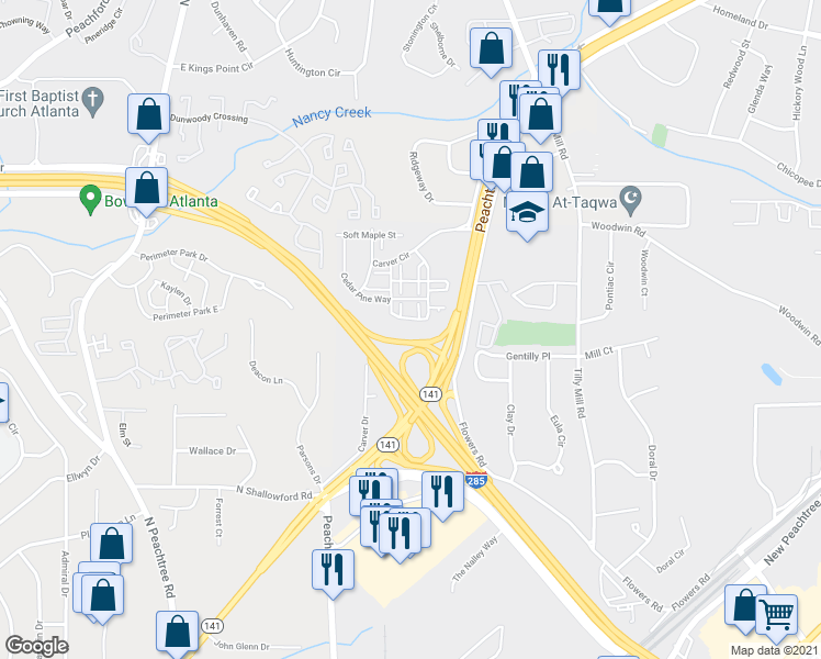 map of restaurants, bars, coffee shops, grocery stores, and more near 4150 Carver Circle in Atlanta