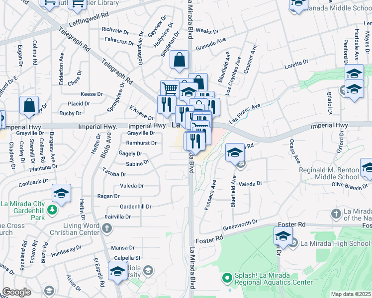 map of restaurants, bars, coffee shops, grocery stores, and more near 14940 Gagely Drive in La Mirada