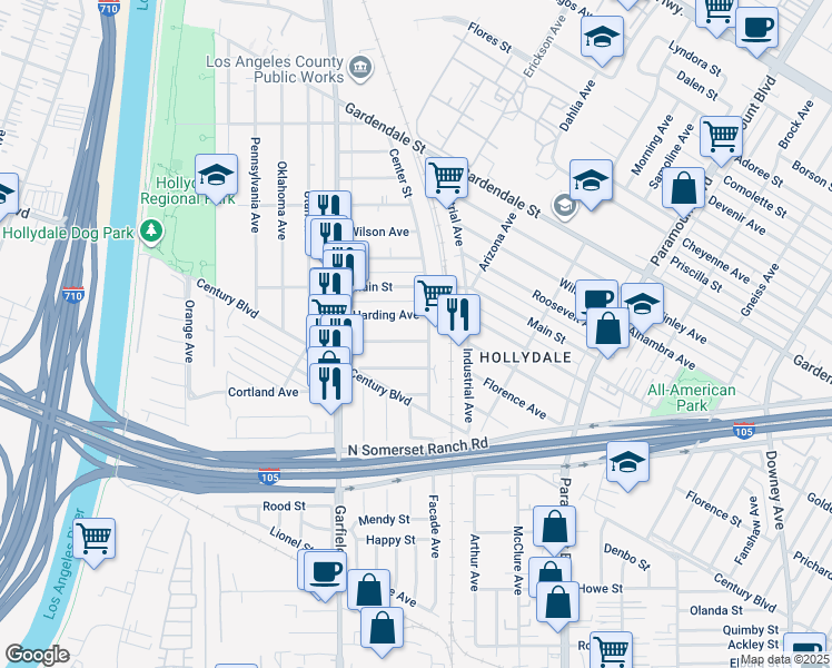 map of restaurants, bars, coffee shops, grocery stores, and more near 5789 Lincoln Avenue in South Gate