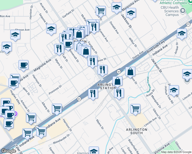 map of restaurants, bars, coffee shops, grocery stores, and more near 3514 Van Buren Boulevard in Riverside