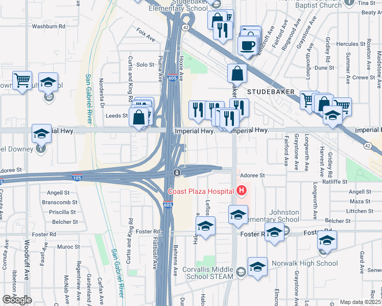 map of restaurants, bars, coffee shops, grocery stores, and more near 12702 Leibacher Avenue in Norwalk