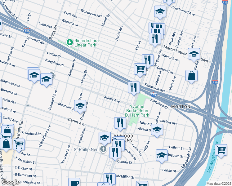 map of restaurants, bars, coffee shops, grocery stores, and more near 11812 3rd Avenue in Lynwood