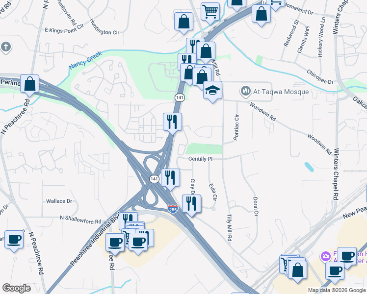 map of restaurants, bars, coffee shops, grocery stores, and more near 2548 Gentilly Place in Atlanta