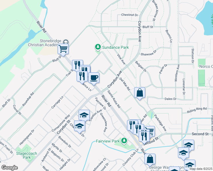 map of restaurants, bars, coffee shops, grocery stores, and more near 2354 Corydon Avenue in Norco