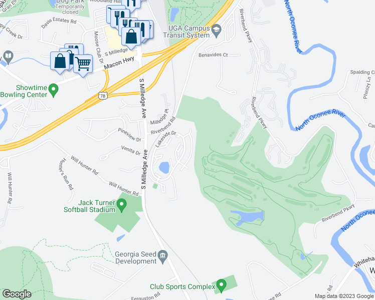 map of restaurants, bars, coffee shops, grocery stores, and more near 2160 Lakeside Drive in Athens