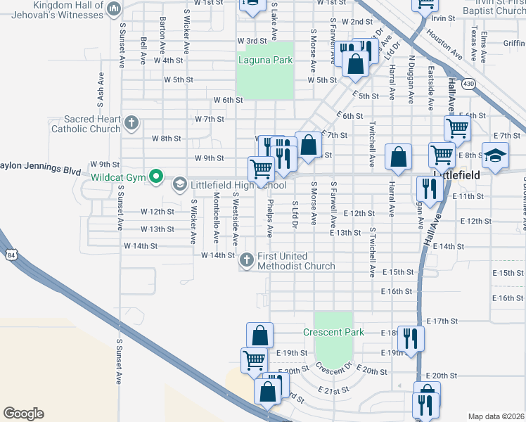 map of restaurants, bars, coffee shops, grocery stores, and more near 104 East 12th Street in Littlefield