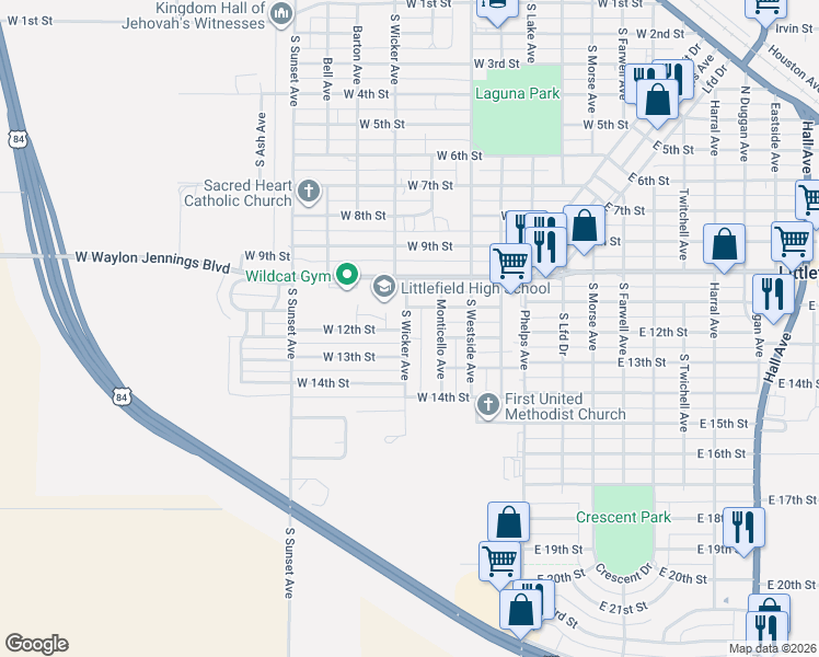 map of restaurants, bars, coffee shops, grocery stores, and more near 1218 South Wicker Avenue in Littlefield
