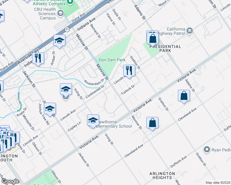 map of restaurants, bars, coffee shops, grocery stores, and more near 2865 Tropicana Drive in Riverside