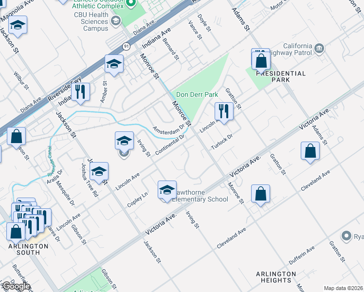 map of restaurants, bars, coffee shops, grocery stores, and more near 2714 Tropicana Drive in Riverside