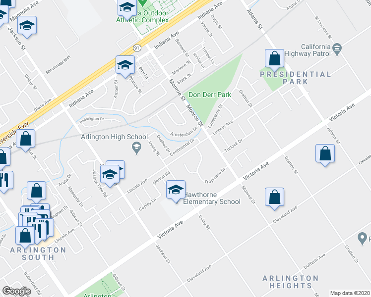 map of restaurants, bars, coffee shops, grocery stores, and more near 2714 Tropicana Drive in Riverside