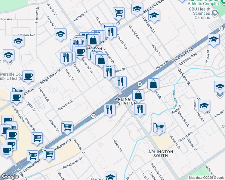 map of restaurants, bars, coffee shops, grocery stores, and more near 3476 Van Buren Boulevard in Riverside