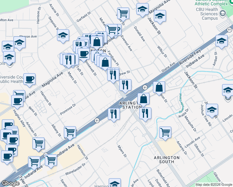 map of restaurants, bars, coffee shops, grocery stores, and more near 9566 Carver Court in Riverside