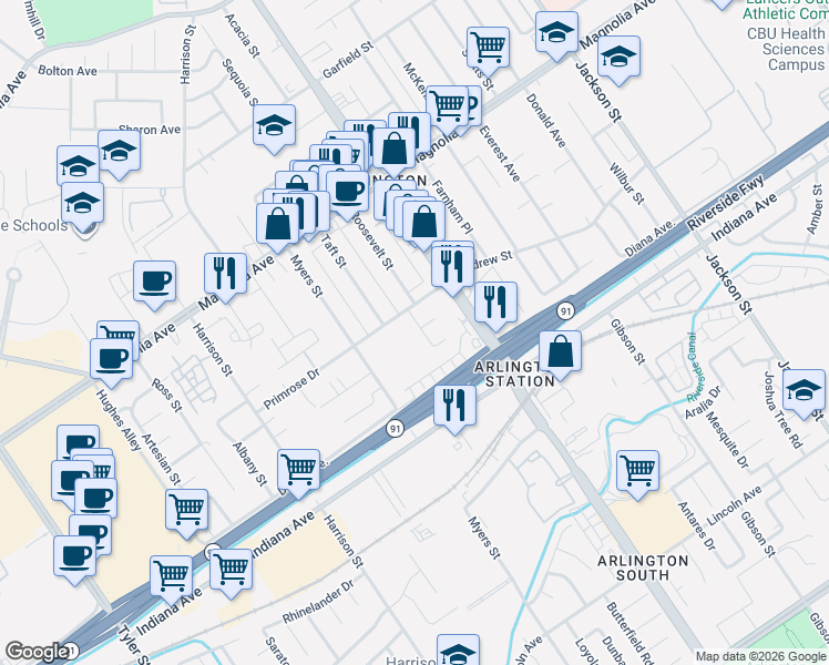 map of restaurants, bars, coffee shops, grocery stores, and more near 3554 Winship Place in Riverside