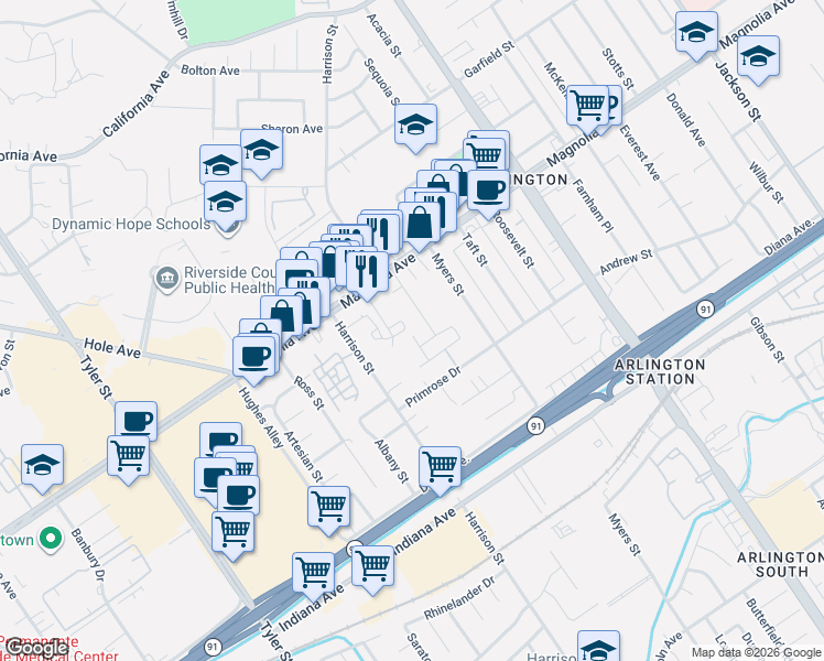 map of restaurants, bars, coffee shops, grocery stores, and more near 3694 Loheria Street in Riverside