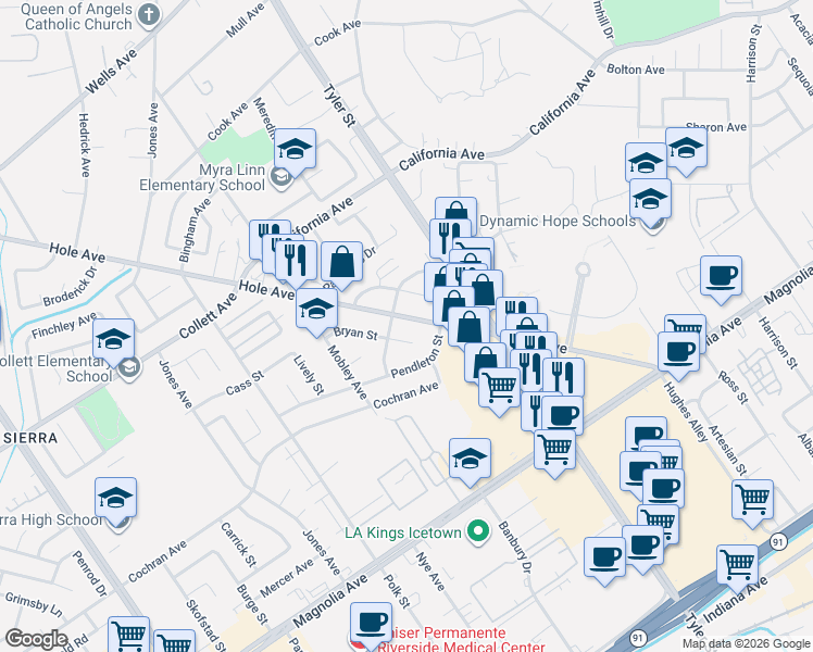 map of restaurants, bars, coffee shops, grocery stores, and more near 10382 Bryan Street in Riverside