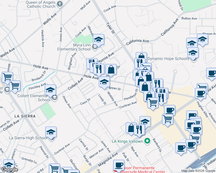 map of restaurants, bars, coffee shops, grocery stores, and more near 4164 Mobley Avenue in Riverside