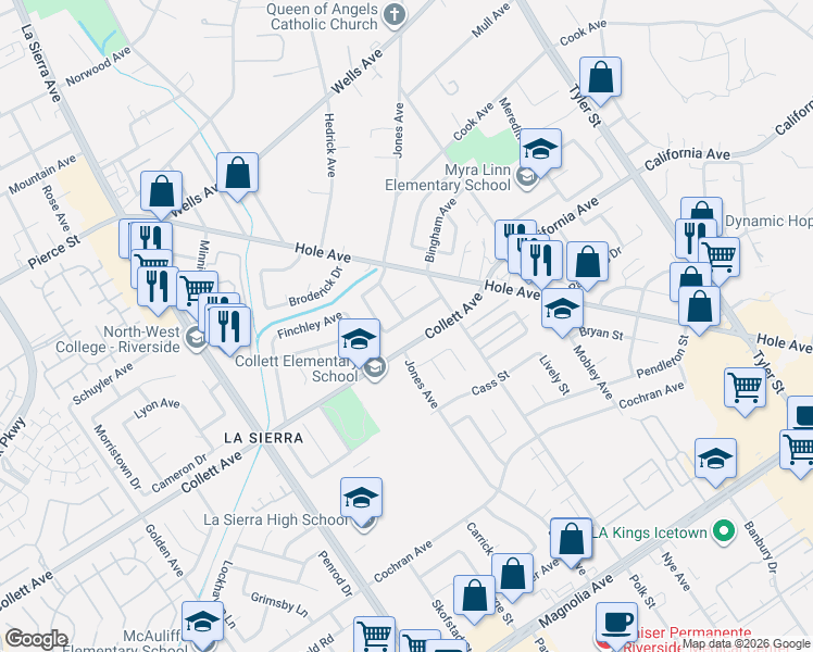 map of restaurants, bars, coffee shops, grocery stores, and more near 10736 Collett Avenue in Riverside