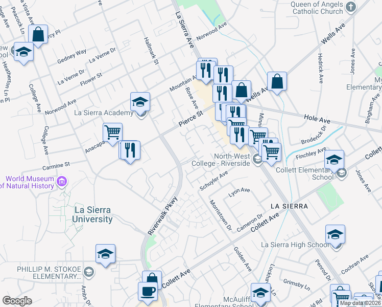 map of restaurants, bars, coffee shops, grocery stores, and more near 4821 Riverwalk Parkway in Riverside