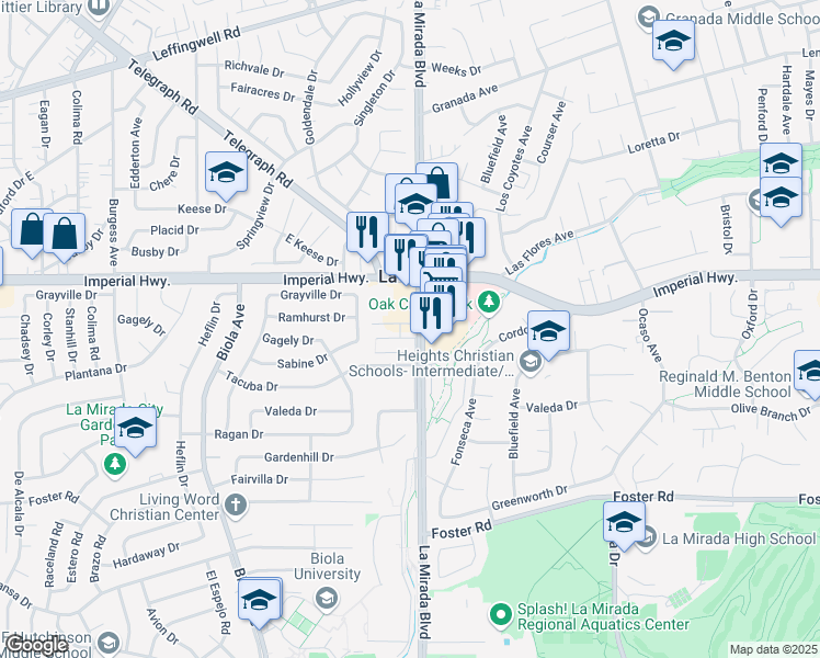 map of restaurants, bars, coffee shops, grocery stores, and more near 14940 Gagely Drive in La Mirada