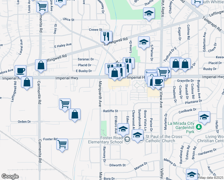 map of restaurants, bars, coffee shops, grocery stores, and more near 12812 Duffield Avenue in La Mirada