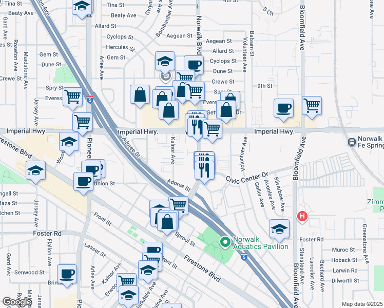 map of restaurants, bars, coffee shops, grocery stores, and more near 12727 Norwalk Boulevard in Norwalk