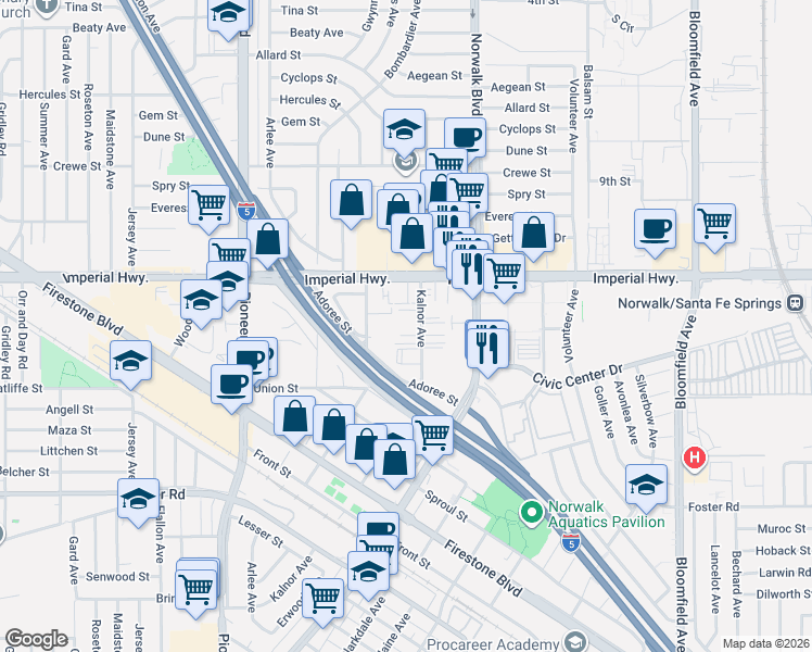map of restaurants, bars, coffee shops, grocery stores, and more near 12723 Kalnor Avenue in Norwalk