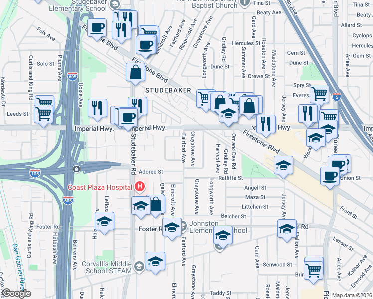 map of restaurants, bars, coffee shops, grocery stores, and more near 12731 Fairford Avenue in Norwalk