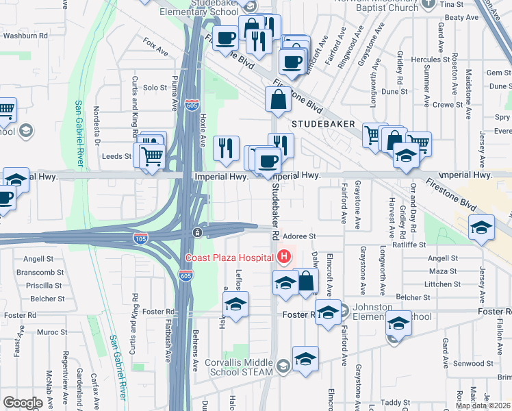 map of restaurants, bars, coffee shops, grocery stores, and more near 12729 Pecos Avenue in Norwalk