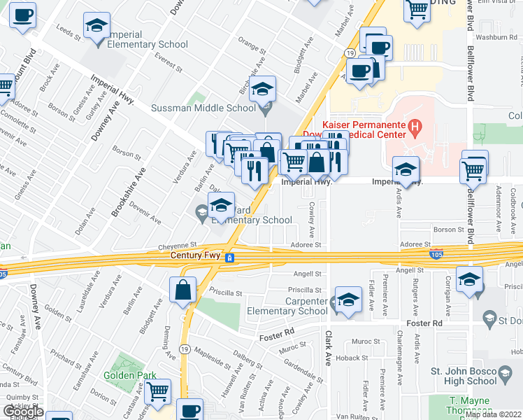 map of restaurants, bars, coffee shops, grocery stores, and more near 9013 Borson Street in Downey