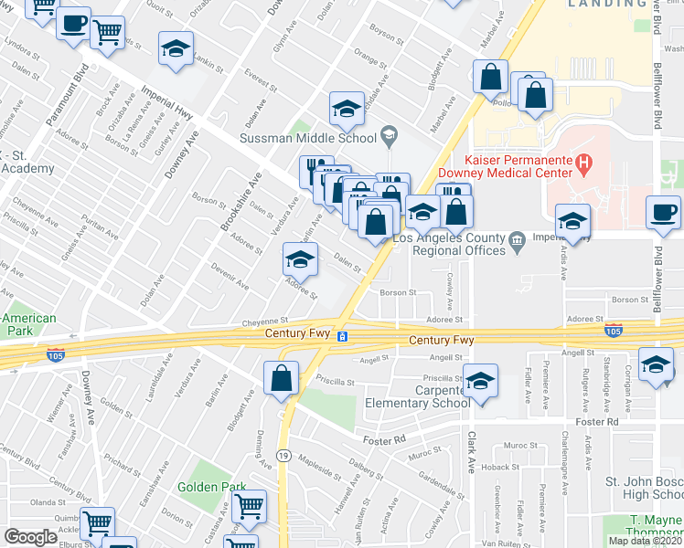 map of restaurants, bars, coffee shops, grocery stores, and more near 12725 Lakewood Boulevard in Downey