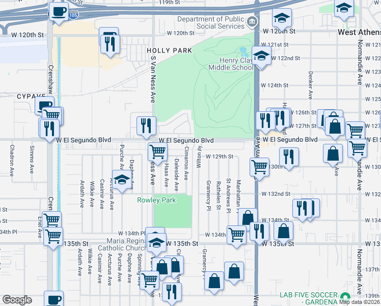 map of restaurants, bars, coffee shops, grocery stores, and more near 12912 Wilton Place in Gardena