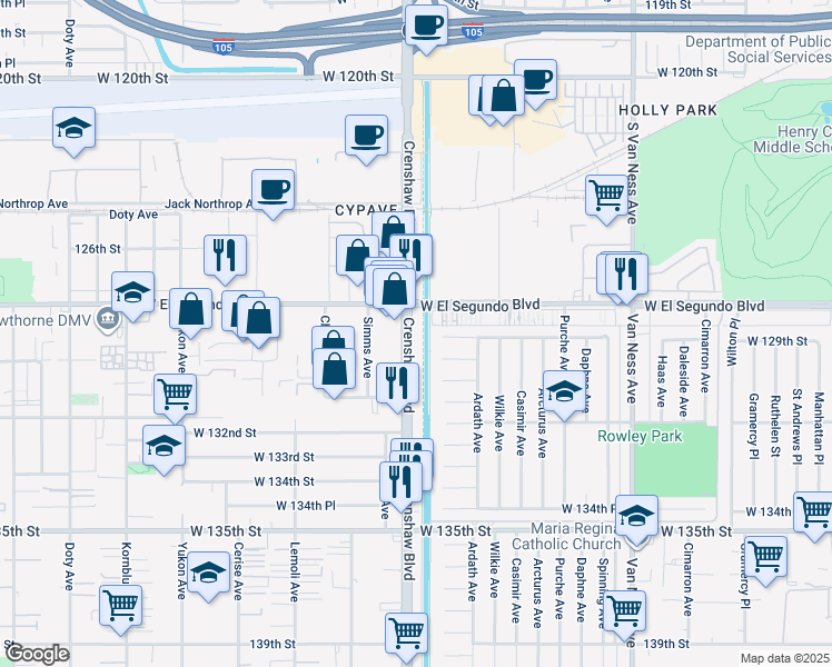 map of restaurants, bars, coffee shops, grocery stores, and more near 12900 Crenshaw Boulevard in Gardena