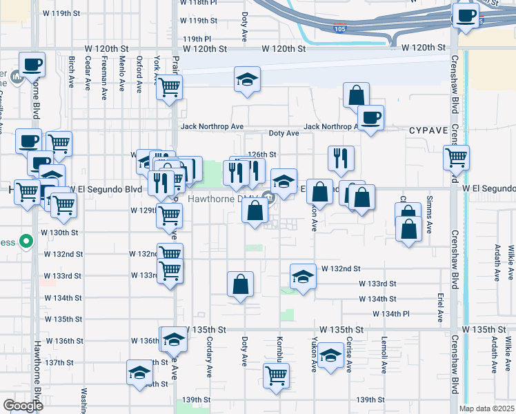 map of restaurants, bars, coffee shops, grocery stores, and more near 12923 Kornblum Avenue in Hawthorne