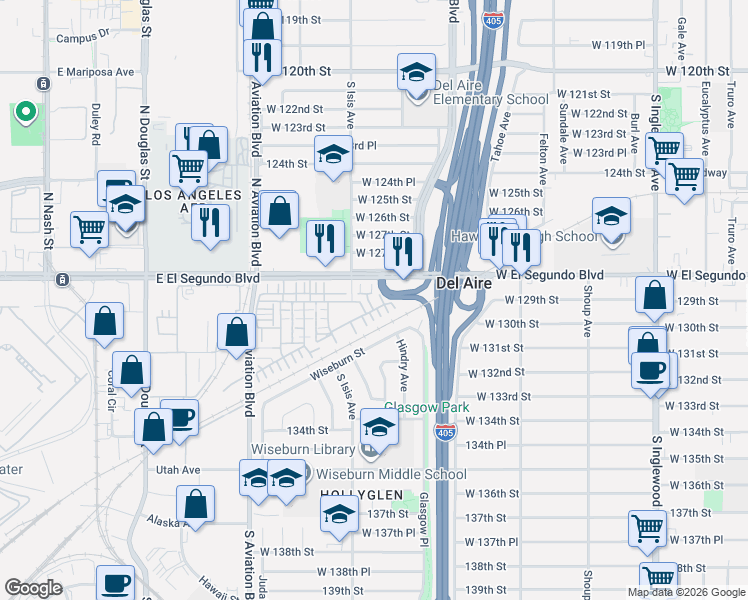 map of restaurants, bars, coffee shops, grocery stores, and more near 5245 Pacific Terrace in Hawthorne