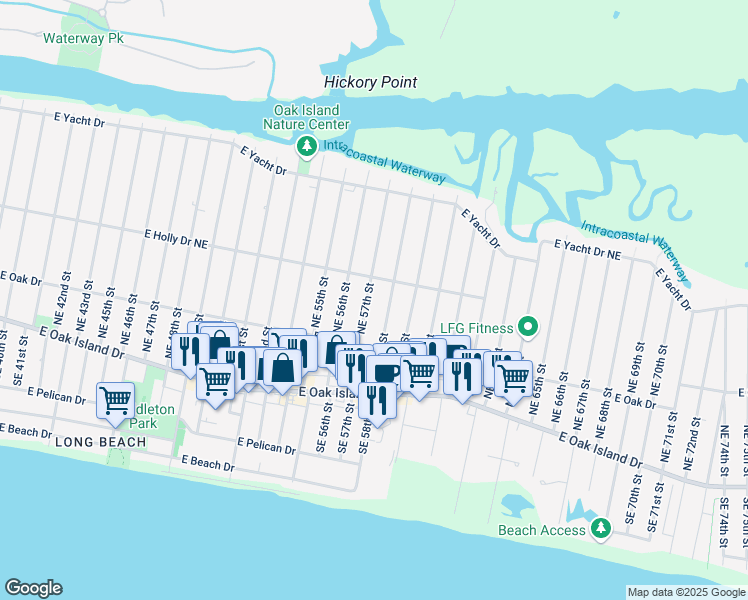 map of restaurants, bars, coffee shops, grocery stores, and more near 213 NE 57th St in Oak Island