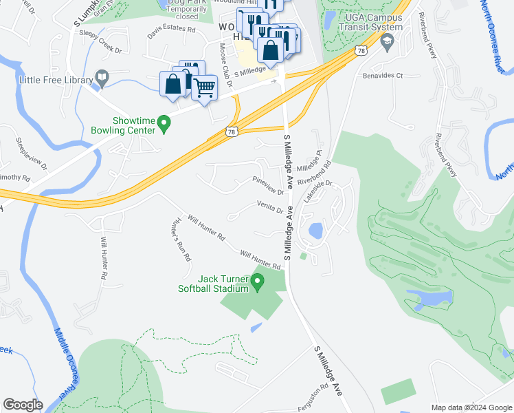 map of restaurants, bars, coffee shops, grocery stores, and more near 575 Venita Drive in Athens