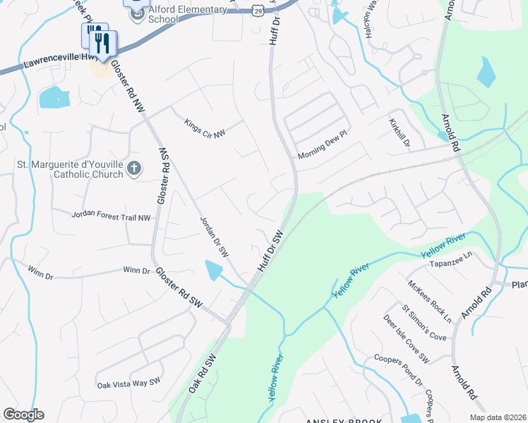 map of restaurants, bars, coffee shops, grocery stores, and more near 169 Gloster Park Court in Lawrenceville