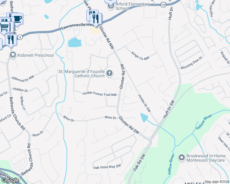 map of restaurants, bars, coffee shops, grocery stores, and more near 2782 Jordan Forest Trail Northwest in Lawrenceville