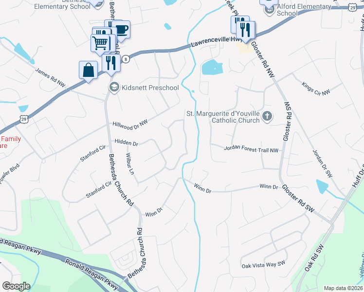 map of restaurants, bars, coffee shops, grocery stores, and more near 132 Jousters Lane Northwest in Lawrenceville
