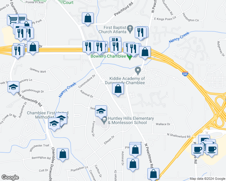 map of restaurants, bars, coffee shops, grocery stores, and more near 4193 North Shallowford Road in Chamblee