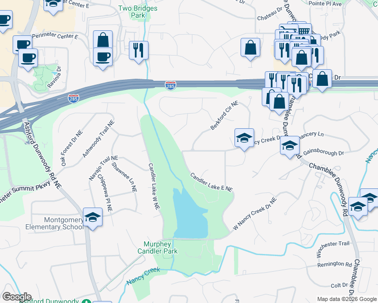 map of restaurants, bars, coffee shops, grocery stores, and more near 1571 East Nancy Creek Drive in Atlanta