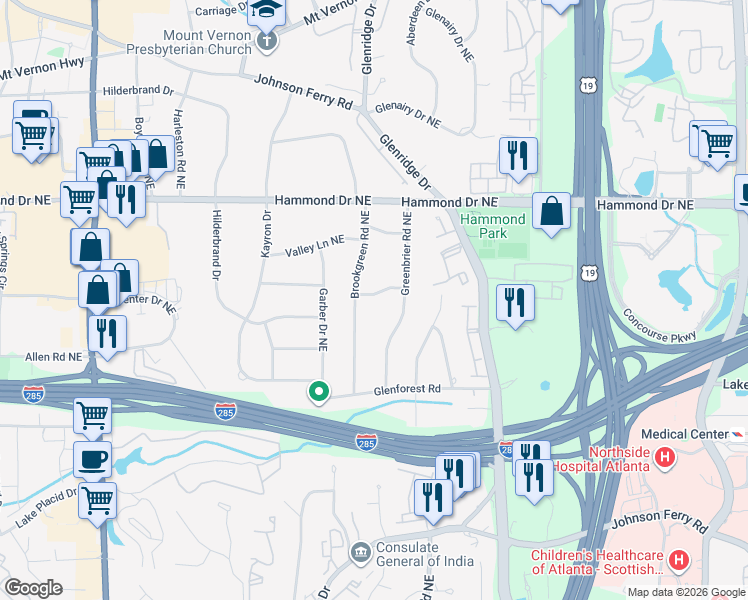 map of restaurants, bars, coffee shops, grocery stores, and more near 5865 Brookgreen Road Northeast in Sandy Springs