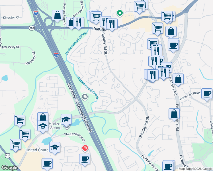 map of restaurants, bars, coffee shops, grocery stores, and more near 1627 Bridge Mill Drive in Marietta