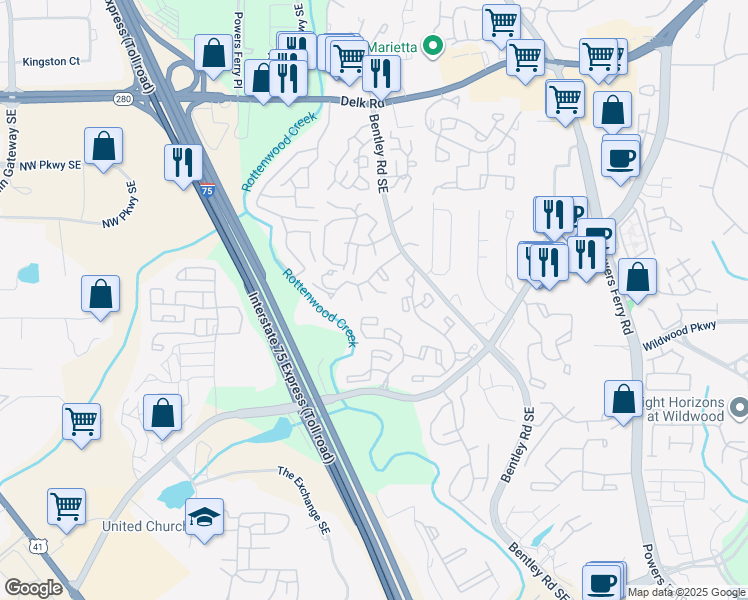 map of restaurants, bars, coffee shops, grocery stores, and more near 1637 Bridge Mill Drive in Marietta