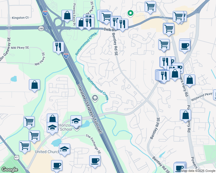 map of restaurants, bars, coffee shops, grocery stores, and more near 1637 Bridge Mill Drive in Marietta