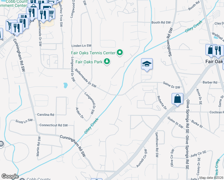 map of restaurants, bars, coffee shops, grocery stores, and more near 415 Bellemeade Drive Southwest in Marietta